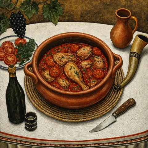 Peinture : chakhokhbili, poulet mijoté à la tomate dans un plat en terre cuite