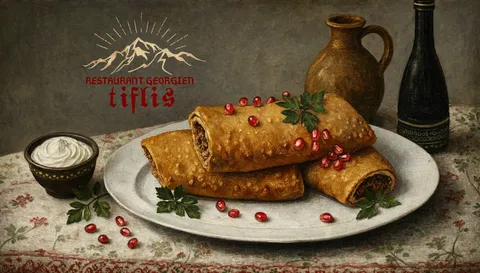Crêpes roulées et grains de grenade, nature morte peinte
