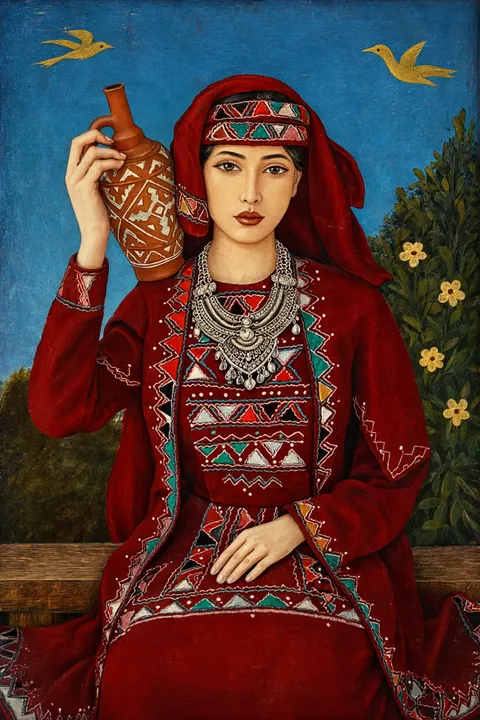 Portrait primitiviste : femme géorgienne en robe rouge entourée d'oiseaux dorés