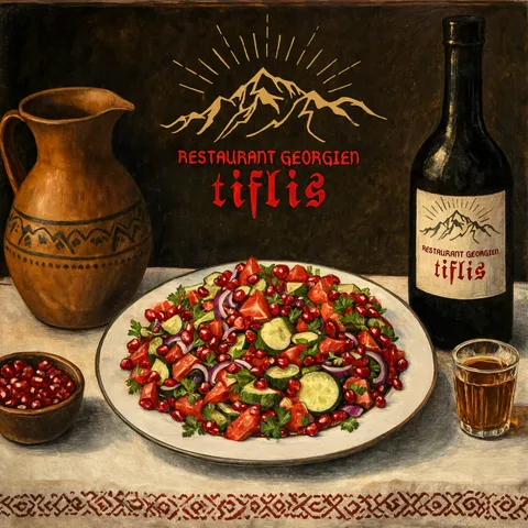 Salade géorgienne, tomates et concombres aux noix, nature morte peinte