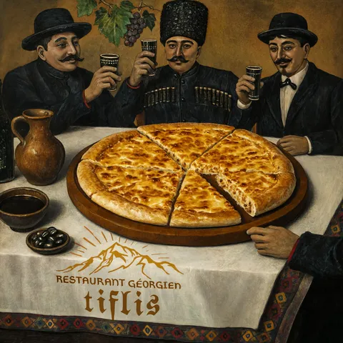 Nature morte peinte : khachapuri rond au fromage sur la table de la supra