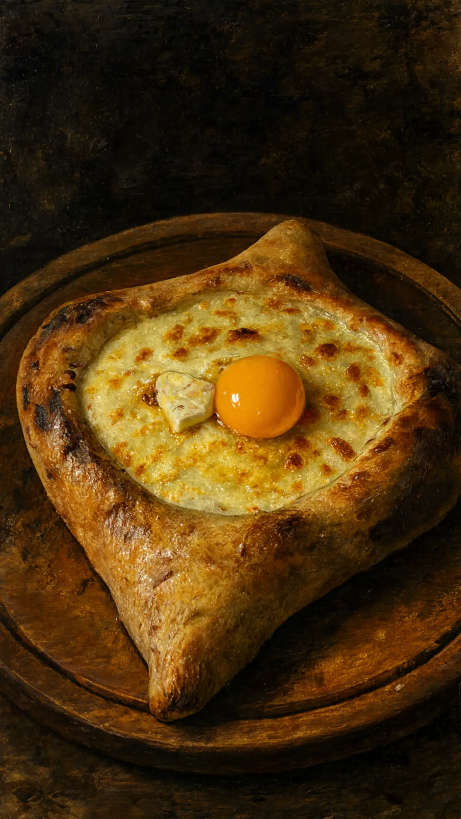 Fresque peinte sur fond sombre : khachapuri adjaruli doré éclairé d'une lumière chaude, comme une nature morte de taverne