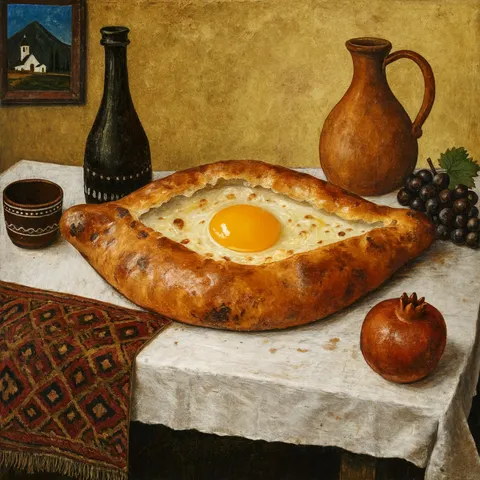 Khachapuri au fromage sur tapis peint, grenade et fond d'or chaud
