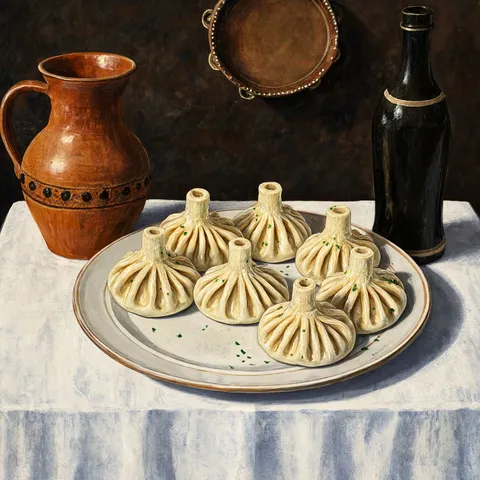 Nature morte peinte : khinkali, raviolis géorgiens aux plis torsadés, sur fond sombre