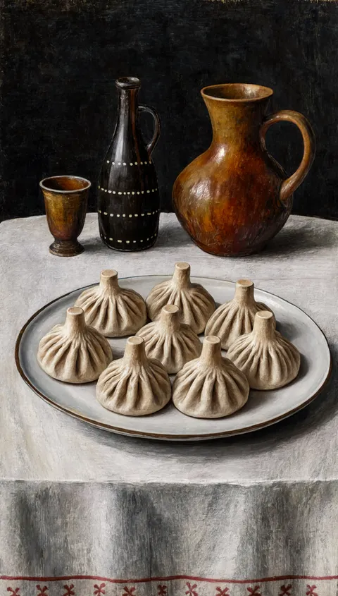 Nature morte peinte : khinkali pliés à la main sur fond chaud