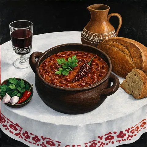 Lobio, haricots rouges aux noix, nature morte peinte