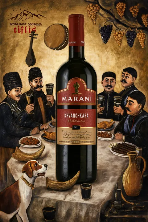 Scène de fête peinte : tablée géorgienne autour du vin de Khvanchkara