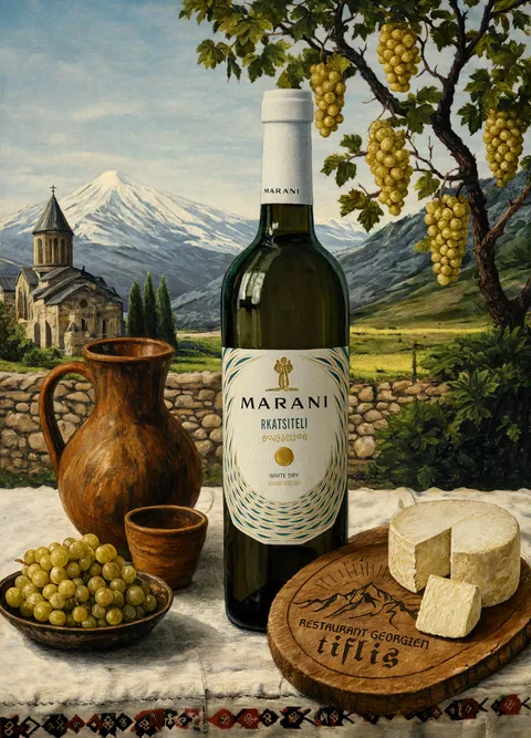 Bouteille de Marani Rkatsiteli peinte dans un paysage, fromage et raisins