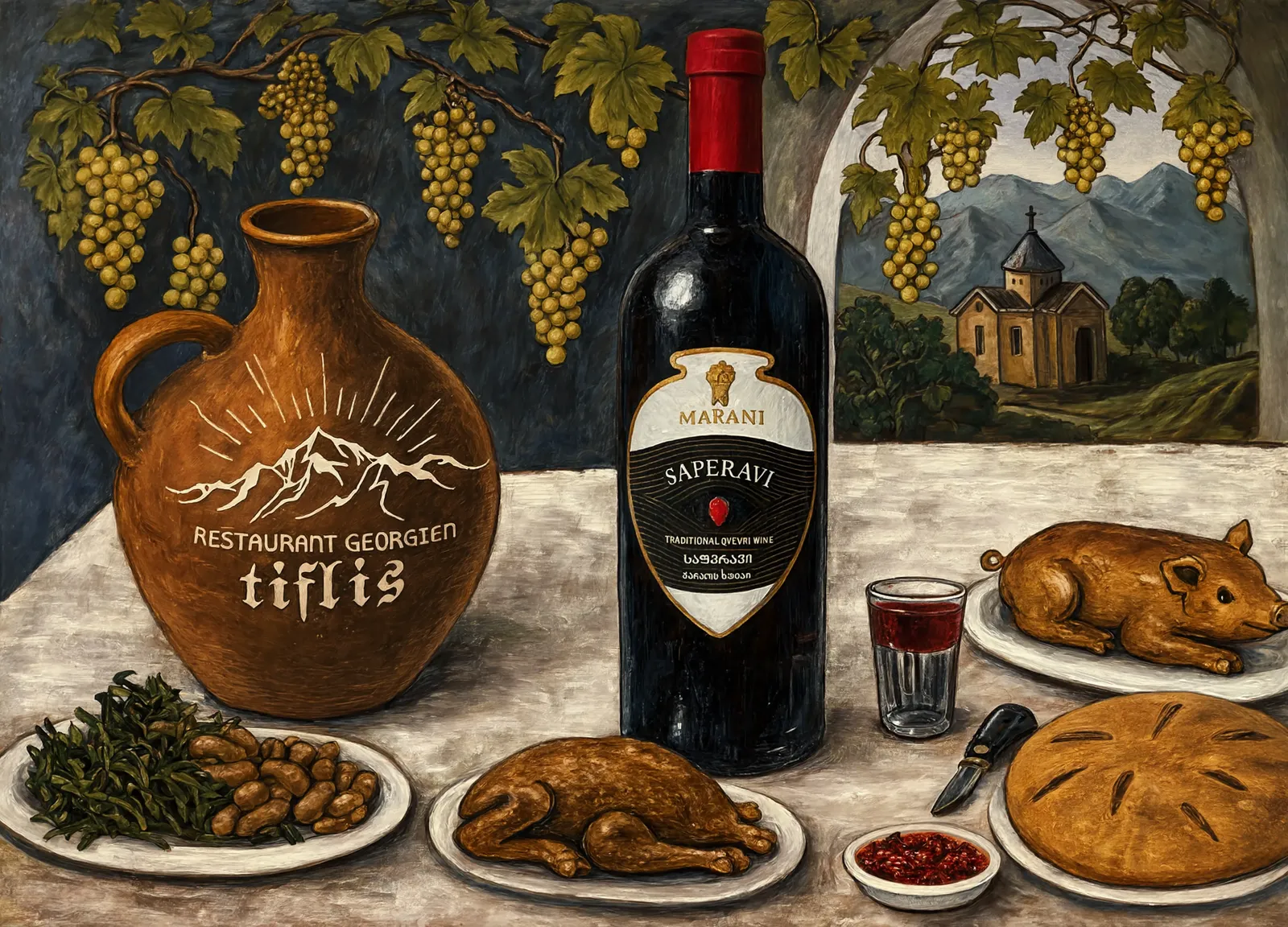 Fresque de festin géorgien : cruche en terre cuite marquée Tiflis, bouteille de Saperavi, volaille rôtie et pain sous une treille