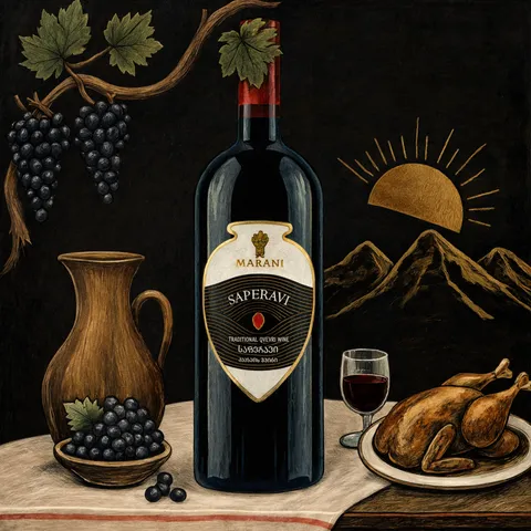 Bouteille de Marani Saperavi Qvevri peinte, raisins et cruche sur fond presque noir au soleil d'or