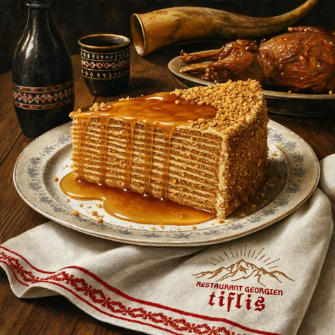 Peinture : part de medovik, gâteau au miel à étages, servie sur assiette ornée