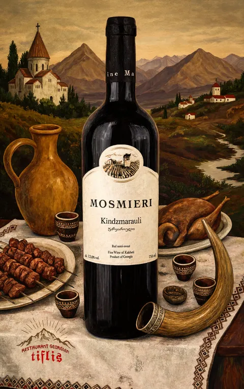 Bouteille de Mosmieri Kindzmarauli peinte au crépuscule, village et corne à vin