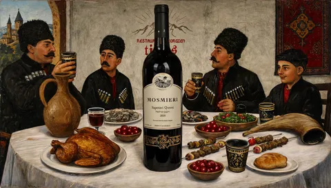 Tablée géorgienne peinte partageant le vin de Saperavi