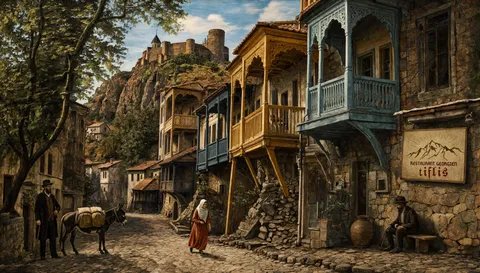 Ruelle de la vieille ville de Tbilissi et ses balcons de bois sculpté