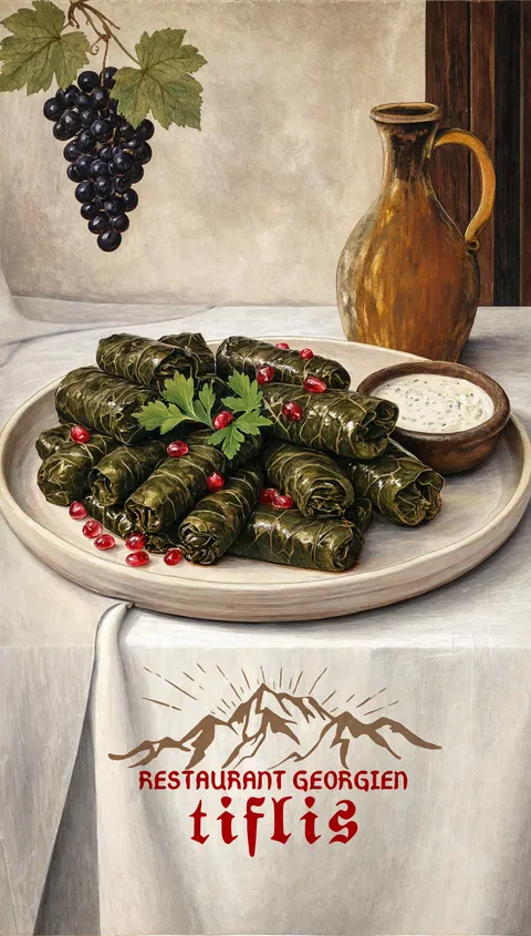 Tolma, feuilles de vigne farcies, nature morte peinte en cadrage vertical
